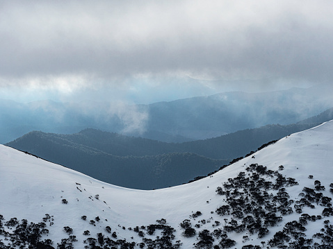 Mt Feathertop and surrounding landscape at sunset during winter near Mt Hotham in Victoria, Australia