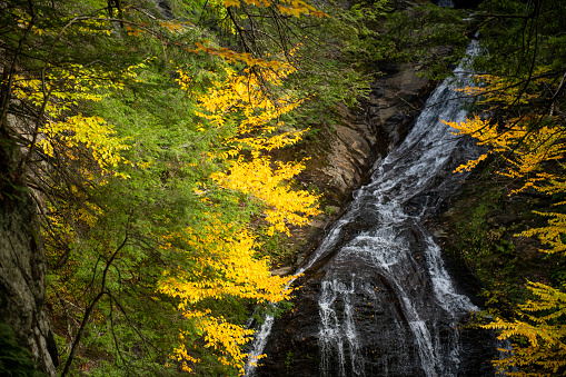 Fall Foliage at a waterfall in Stowe, Vermont in Stowe, Vermont, United States