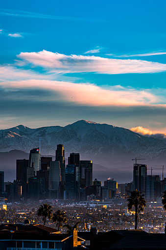 Palm Trees Meet Snow Capped Mountains in the City of Angels in Los Angeles, California, United States