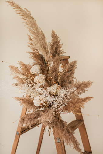 Fall Floral Decor Bouquet on Wooden Ladder in Photography Studio in Chicago, Illinois, United States