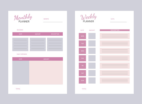 Weekly and monthly violet budget planner.Finance, income and expenses.Money saving.Business template.Economy cash.Vector illustration