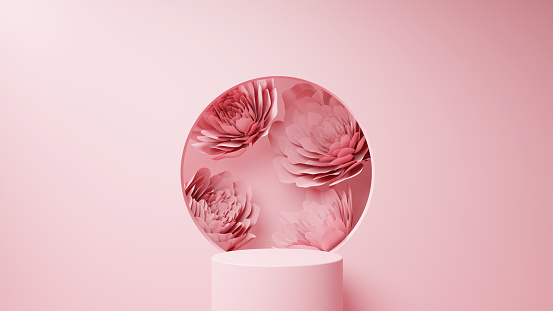 3D Illustration.Multiple flowers made of pink paper on pink background. Base of cylinder. Spring background image. (Horizontal)