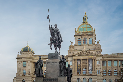 Prague, Czechia - Oct 01, 2019: Statue of Saint Wenceslas and National Museum at Wenceslas Square - Prague, Czech Republic