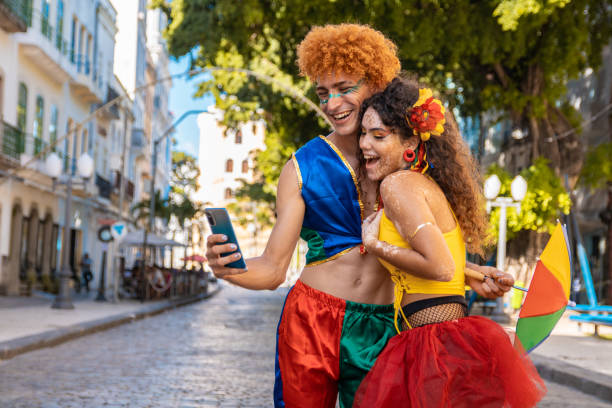 istock Young adults on video call at Brazil carnival 1456279404
