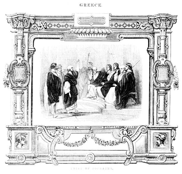 Socrates on Trial, Ancient Greece Socrates on trial in 339 B.C.E. in Greece. Illustration published 1846. Original edition is from my own archives. Copyright has expired and is in Public Domain. Digitally restored. 4th century bc stock illustrations
