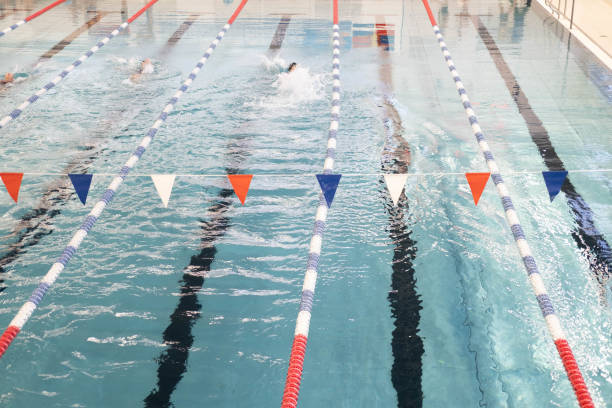 istock Swimming pool for swimming competitions. Empty Paths of a competitive swimming pool. Active swimming lessons. 1456283419