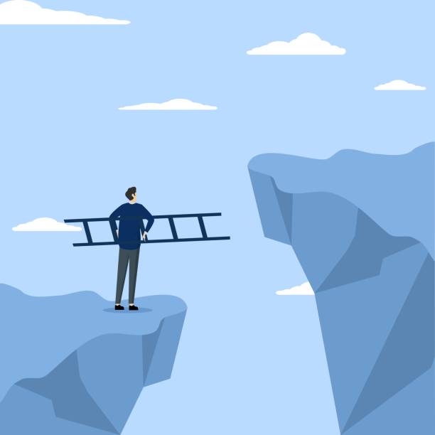 문제를 해결하기위한 솔루션의 개념, 비즈니스 성장을위한 ��동기. - cliff ladder business problems stock illustrations