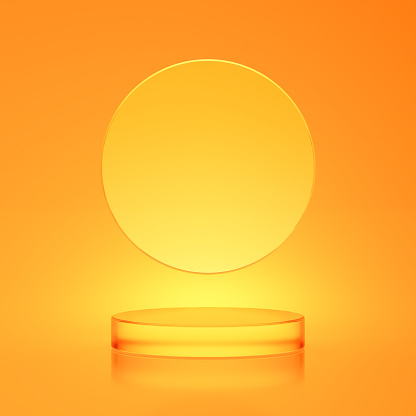 Orange light clear crystal glass backdrop circle. circle podium bright glow golden apricot backlight. studio show product display stand. pedestal for beauty cosmetic or skin care. 3D Illustration.