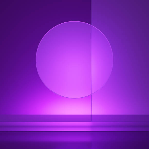 Deep purple clear crystal glass backdrop circle. Violet stage glass podium bright glow dark phlox color backlight. Studio show product display stand. pedestal for beauty cosmetic. 3D Illustration. círculo de fondo de cristal transparente de color púrpura oscuro. podio de vidrio de etapa violeta brillante brillo oscuro luz de fondo de color phlox. estudio show de expositor de productos. pedestal para cosmética de belleza. ilustración 3d.