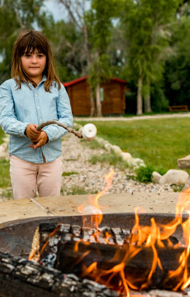 istock Cute kid roasts marshmallows making s’mores over a campifire 1456290117