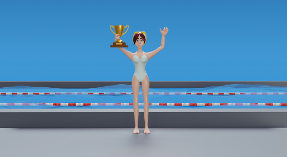 3d rendering. Swimmer with a trophy. Young female swimmer holding a golden trophy.