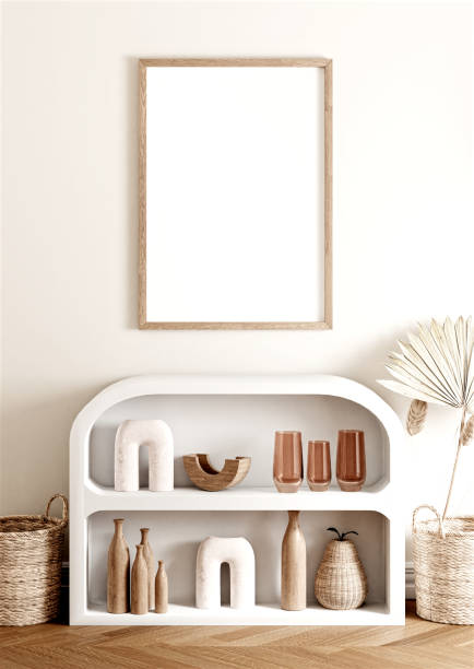 istock Frame and poster mockup in boho style interior. 3d rendering, 3d illustration 1456291346