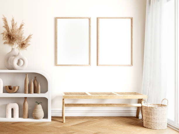 istock Frame and poster mockup in boho style interior. 3d rendering, 3d illustration 1456291356