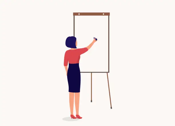 Vector illustration of Businesswoman Writing On A Blank Flip Chart Board With Marker Pen.