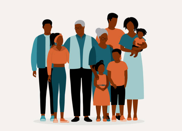 ilustraciones, imágenes clip art, dibujos animados e iconos de stock de tres generaciones de familia negra unida. - multi generation family