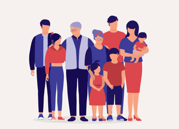 Three Generations Of Family Standing Together. Portrait Of Family With Three Generations Of Two Parents Standing Together. Isolated On Color Background. age diversity stock illustrations