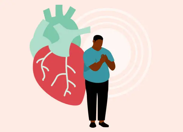 Vector illustration of Overweight Black Man Having A Heart Disease.