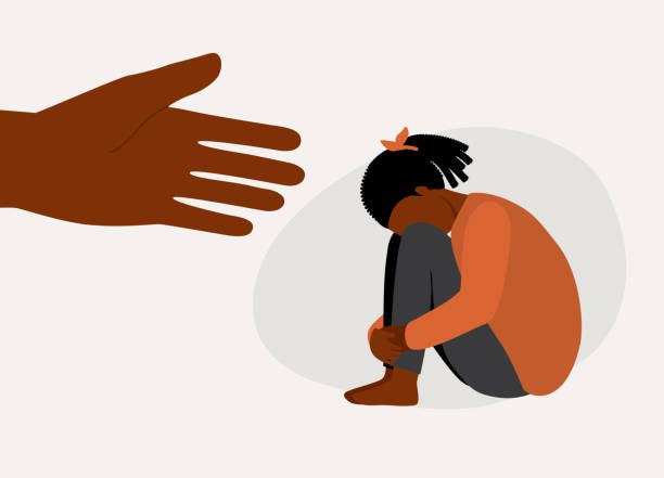 ilustraciones, imágenes clip art, dibujos animados e iconos de stock de chica negra deprimida con una mano amiga. apoyo a la salud mental. - isolated despair hope assistance