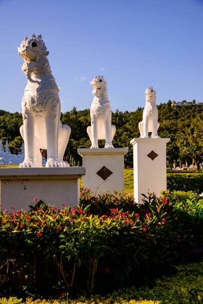 Moscow, Russia - June 29, 2014: Stone statue of a lion in Kuskovo park.