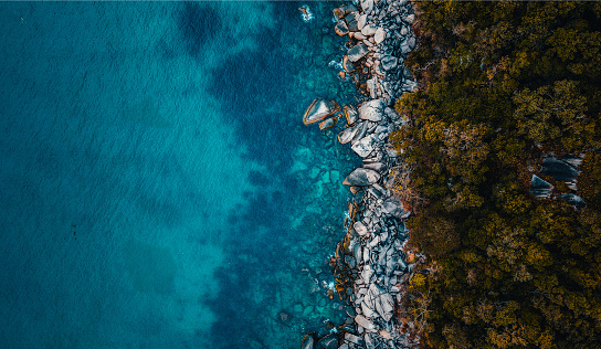 Drone point of view  on  a rocky beach