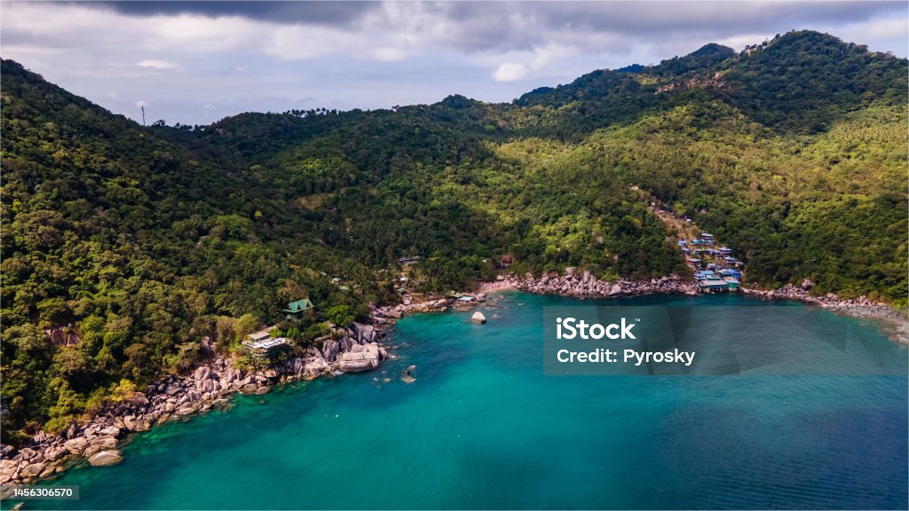 Hin Wong Bay on Koh Tao island, Thailand. Drone point of view on Hin Wong Bay, Koh Tao, Thailand. Above Stock Photo