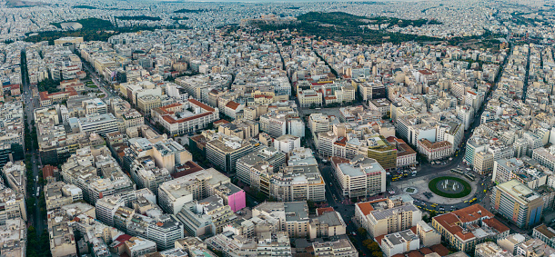 Aerial view of the city Athens in Greece on an early sunny morning in autumn.
