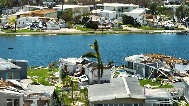 Destroyed by hurricane Ian suburban houses in Florida mobile home residential area. Consequences of natural disaster