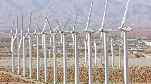 AERIAL Windmills in the desert in Palm Springs, CA