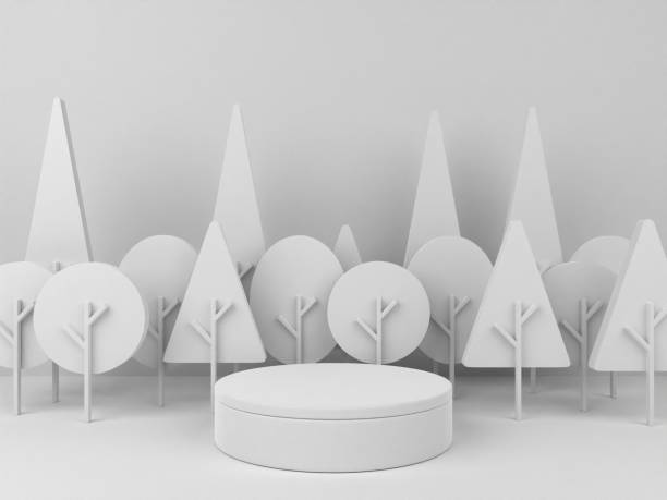 istock 3D minimalist podium with white tree background for product display. Nature background with pastel colors and empty podium. 3D render. 1456314366