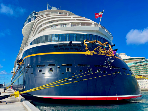 Nassau, Bahamas - January 2, 2023: Stern of the Disney Cruise Line’s newest cruise ship, “Wish”, tied up in Nassau during a scheduled stop.