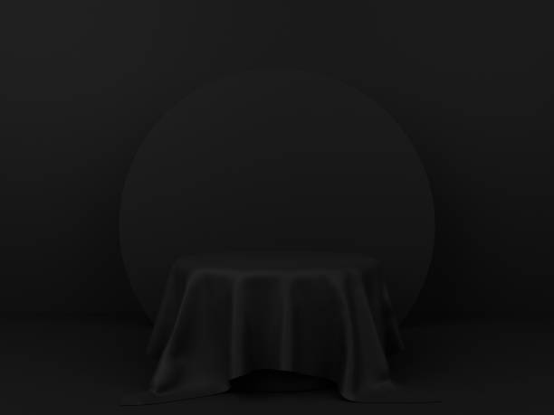 istock 3D minimalist podium background with black cloth for product display. Geometric background with pastel color and empty podium. 3D render. 1456315244