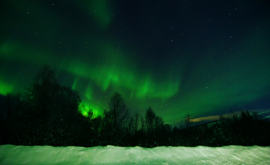 Beautiful Northern Lights aurora borealis green in Lofoten, Norway