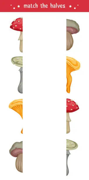 Vector illustration of Find right half for fall mushrooms. Vector worksheet template for preschool lessons. Match the halves. Children educational game.