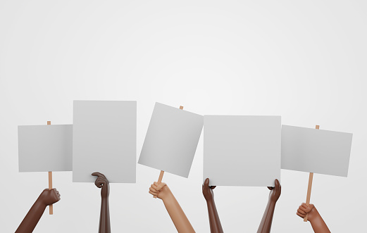 Group multiethnic people holding blank sign on white background. Rights activists anti racism marching, support equality discrimination. 3d render illustration.