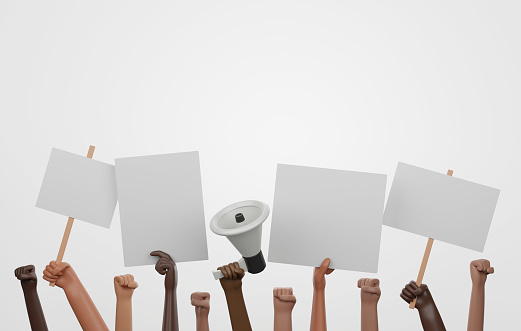 Group multiethnic people holding blank sign and hold megaphones. Rights activists anti racism marching, support equality discrimination. 3d render illustration.