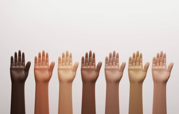 Multiracial people raise their hand for racial community unity, anti racism, protest, support equality, discrimination. 3d render illustration.