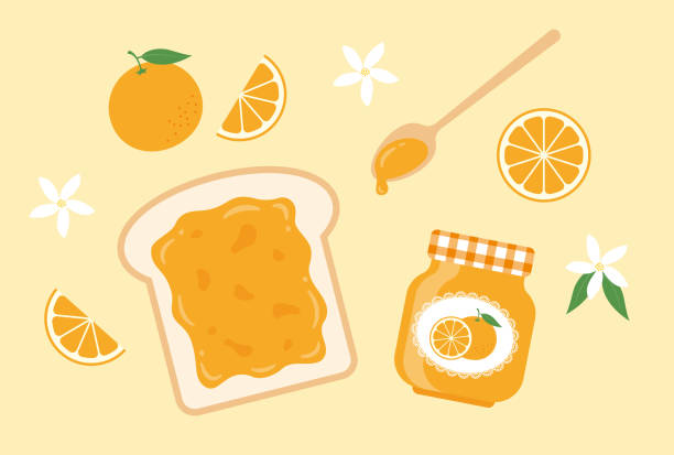 ilustrações, clipart, desenhos animados e ícones de fundo vetorial com um conjunto de marmelada, torradas e laranjas para banners, cartões, panfletos, papéis de parede de mídia social, etc. - spoon honey cute jar