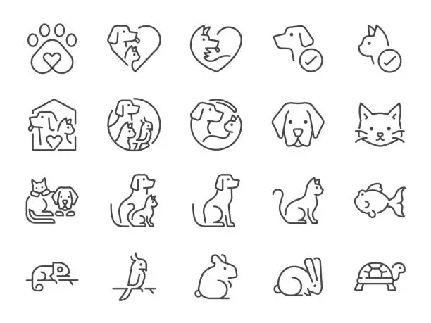 Vector illustration of Pet friendly icon set. Included the icons as dog, cat, animals, bird, fish, and more.