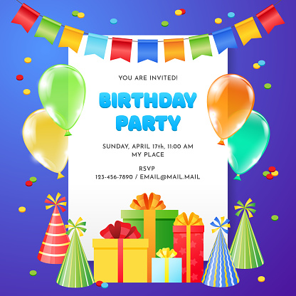 Colorful background of gift boxes, balloons, firecrackers, birthday hats and banting flags with blank space for text. Vector 10 EPS.