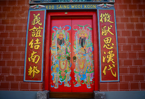 Main door of ancient Chinese temple at George Town in Penang, Malaysia.
