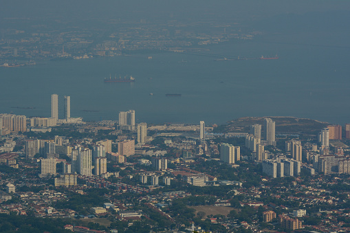 Aerial view of George Town, Penang, Malaysia. View from top of Penang Hill.