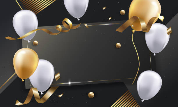 istock 3d balloons background with confetti and ribbons gift card.Celebration, Product presentation show cosmetic product podium 1456321093