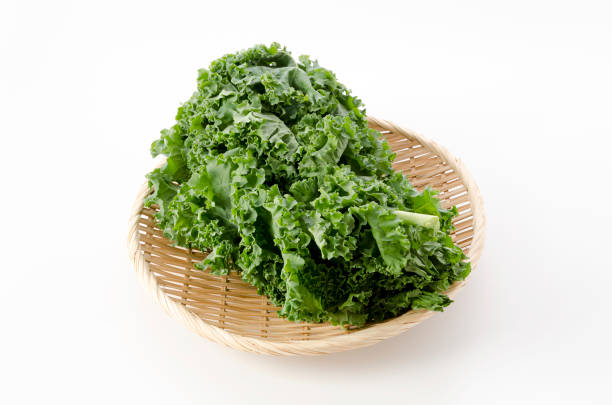 istock Fresh Curly green kale on bamboo sieve on white background 1456322014