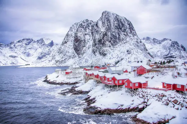 Photo of Aerial view close to snowing fishing village Reine in Lofoten, Norway