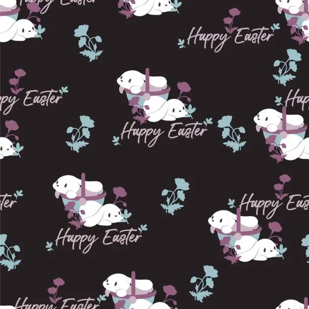 Vector illustration of Happy Easter and White Rabbit Basket Vector Seamless Pattern