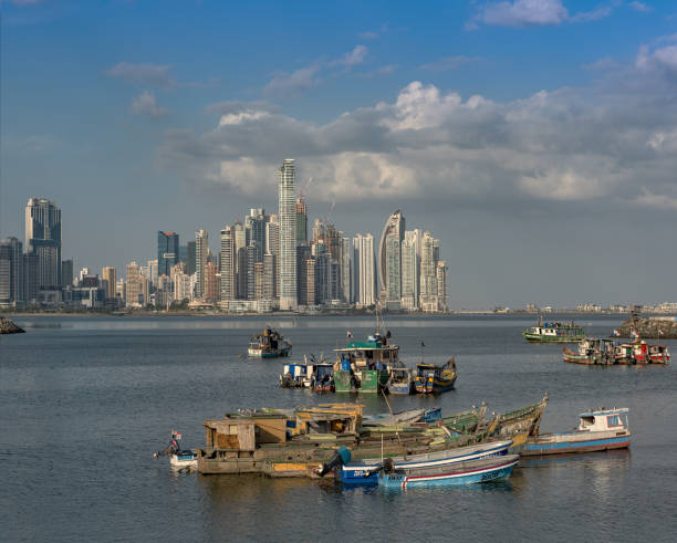 View of the skyscraper silhouette of Panama City stock photo