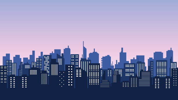 ilustraciones, imágenes clip art, dibujos animados e iconos de stock de la silueta de la ciudad con los matices del crepúsculo con luces intermitentes se ve muy hermosa - cityscape