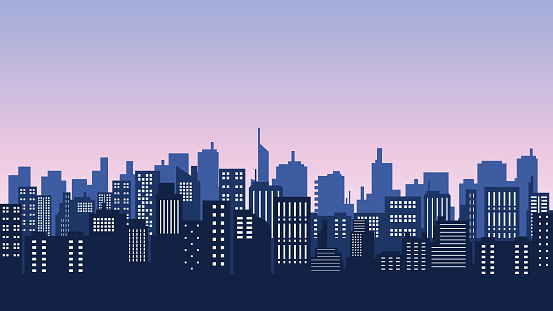 The silhouette of the city with the nuances of dusk with flashing lights looks very beautiful. City vector collection