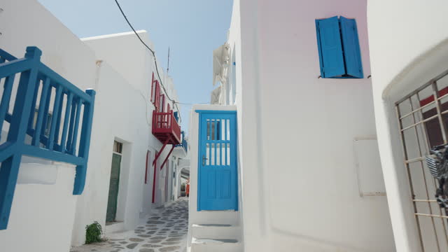 Whitewashed buildings with blue painted windows and doors, Chora, Mykonos, Greece