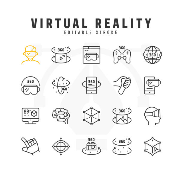 Virtual Reality Line Icon Set. Editable Stroke. Pixel Perfect. This set contains icons of Virtual Glass, Controller, 360 Degree, Video Game and such. virtual reality icon stock illustrations